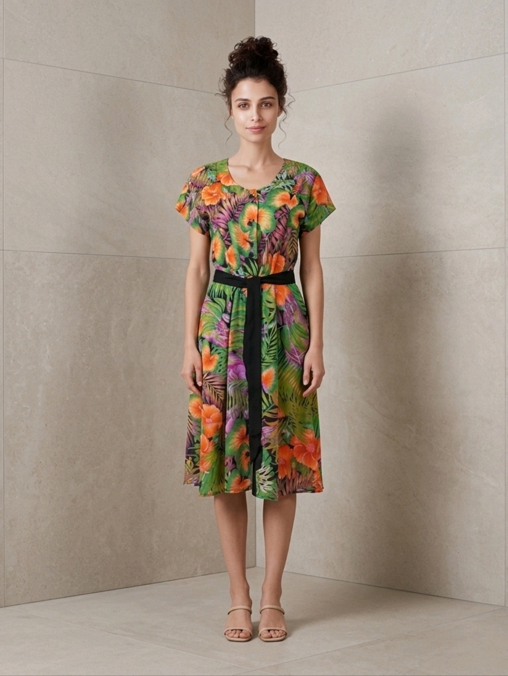 Vintage 70s Green Floral Shirtdress Orange Black Tropical Pleated Size 12P